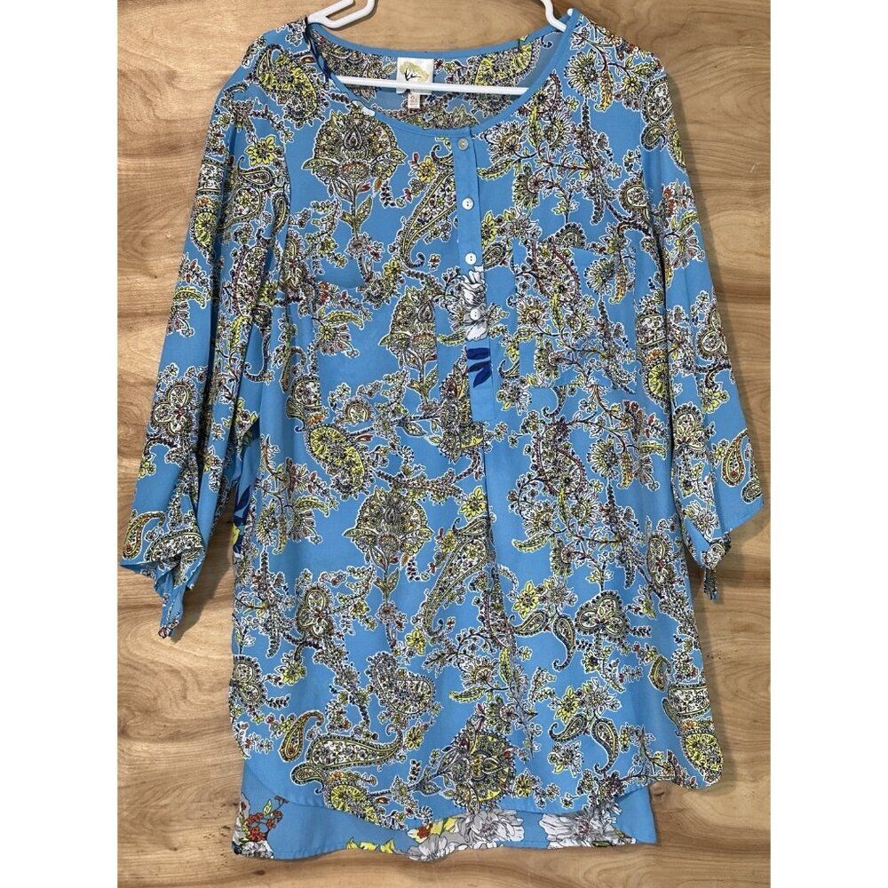 Womens 2X Figueroa & Flower Button Up Blouse Top Floral 3/4 Tie Sleeve
